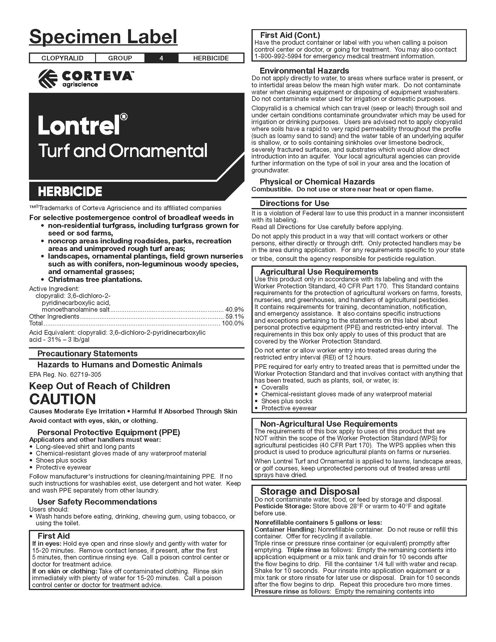 Specimen label for Lontrel herbicide by Corteva Agriscience, showing product information, active ingredient details, usage directions, environmental hazards, safety precautions, PPE requirements, and storage and disposal instructions.